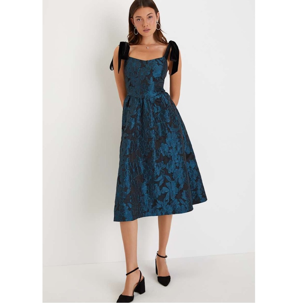 Lulu's Beyond Grateful Black Floral Jacquard Satin Velvet Tie Strap Midi Dress